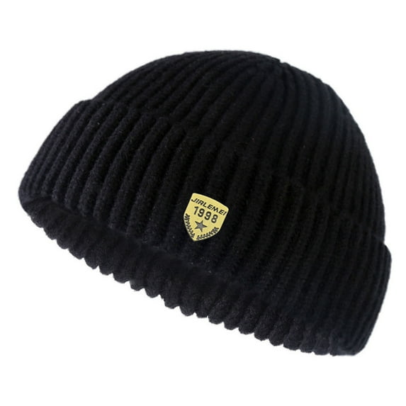 Mosey Autumn Winter Solid Color Knitting Hat Women Men Logo Print Brimless Beanie Hat Casual Short Ribbed Couple Hat
