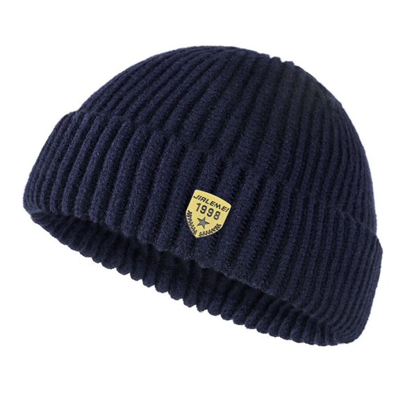 Mosey Autumn Winter Solid Color Knitting Hat Women Men Logo Print Brimless Beanie Hat Casual Short Ribbed Couple Hat