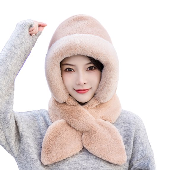 Mosey Autumn Winter Warm Hat Plush Lining Windproof Integrated Headwear Scarf for Women Cold Protection 3-in-1 Neck & Ears Warmer Plush Hat for Motorcycle Bike Cycling Skiing Hiking