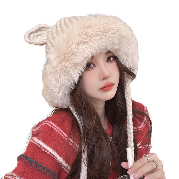 Mosey Autumn Winter Women Beanie Hat Cute Ears Fixing Rope Solid Color Ear Protection Windproof Korean Style Fluffy Knitting Hat for Daily Wear