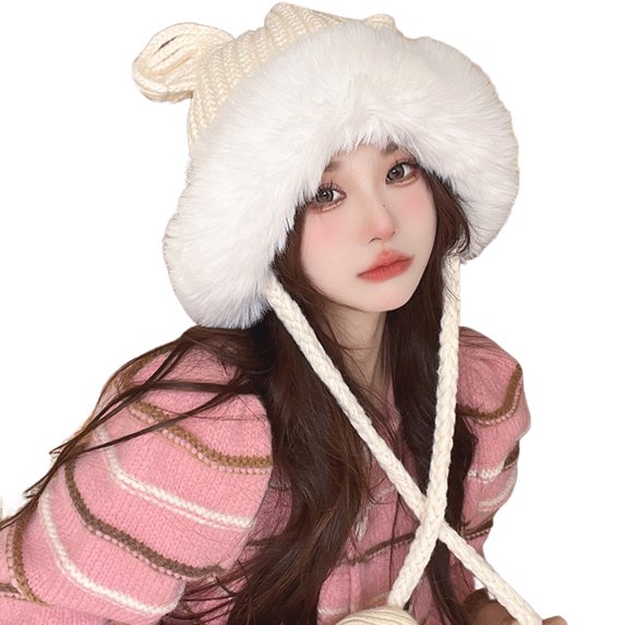 Mosey Autumn Winter Women Beanie Hat Cute Ears Fixing Rope Solid Color Ear Protection Windproof Korean Style Fluffy Knitting Hat for Daily Wear