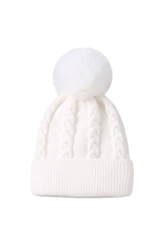 Baby Knitted Hat Plush Ball Decor Elastic Anti-slip Solid Color Soft Thick Warm Cold Resistant Unisex Children Winter Outdoor Cap Beanie