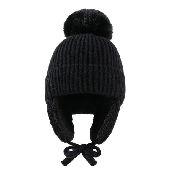Mosey Children Winter Hat Thick Solid Color Head Ear Protection Plush Ball Decor Lace Up Windproof Elastic Cold Resistant Unisex Baby Cap Beanie Winter Accessories