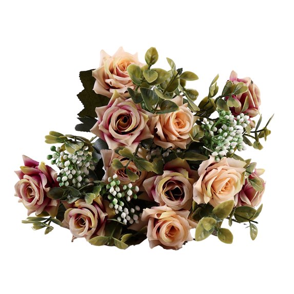 Mosey Colorful Artificial Rose Bouquet with Green Leaves Curly Edge Realistic Reusable Non-withering Home Wedding Party Bridal Faux Flower Decoration Photo Props