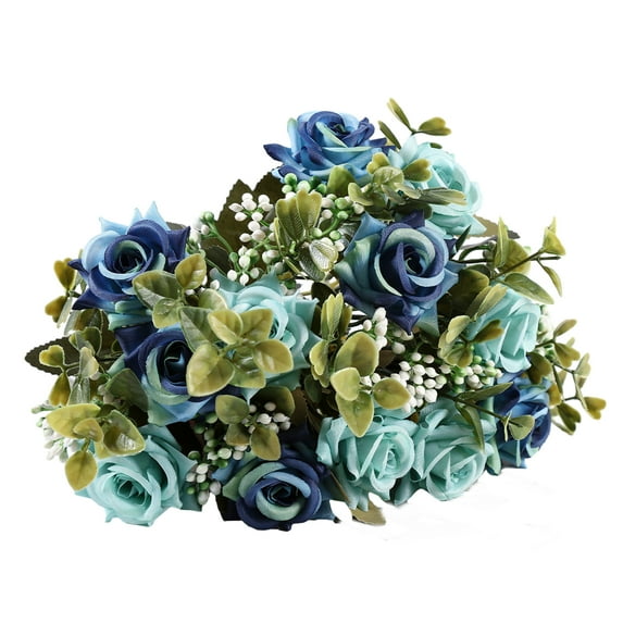 Mosey Colorful Artificial Rose Bouquet with Green Leaves Curly Edge Realistic Reusable Non-withering Home Wedding Party Bridal Faux Flower Decoration Photo Props