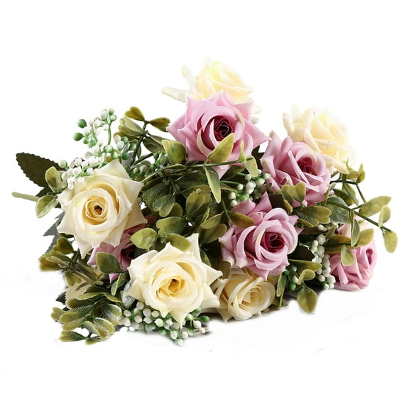 Mosey Colorful Artificial Rose Bouquet with Green Leaves Curly Edge Realistic Reusable Non-withering Home Wedding Party Bridal Faux Flower Decoration Photo Props