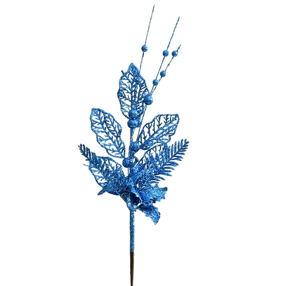 Mosey Fake Leaves Shiny Powder Glittery Hollow Artificial Flower Christmas Party Decoration Ambiance Prop Berry Branch Wedding Prop