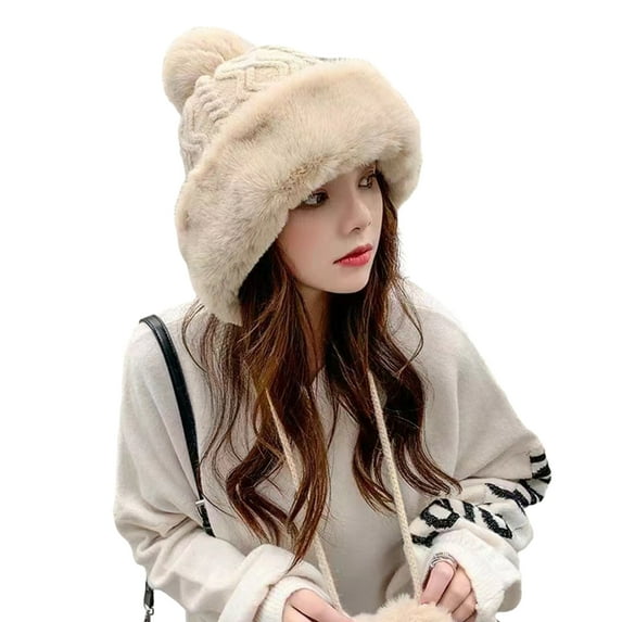 Mosey Faux Fur Knitted Beanie Hat for Cold Weather Cute Four Pompom Ball Cossack Skiing Furry Hat Winter Thicken Warm Hat