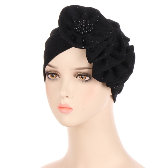 Mosey Ladies Hat Flower Faux Pearl Decor Multi Layers Solid Color Soft Breathable Elastic Anti-slip Decorative Indian Cap Bandana Beanie
