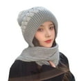 thumbnail image 1 of Mosey Ladies Winter Hat Knitted Thick Color Block Windproof Warm Soft Ear Protection Plush Ball Decor Elastic Anti-slip Beanie Scarf Combo Women Cap, 1 of 8