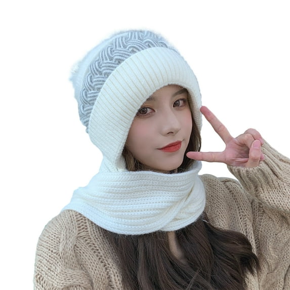 Mosey Ladies Winter Hat Knitted Thick Color Block Windproof Warm Soft Ear Protection Plush Ball Decor Elastic Anti-slip Beanie Scarf Combo Women Cap