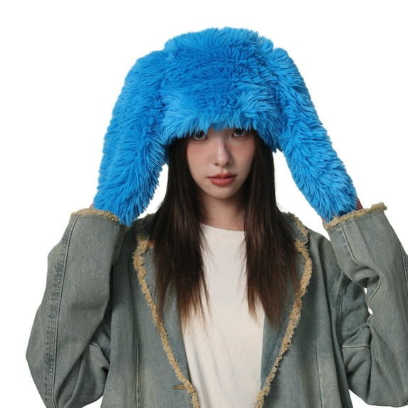 Mosey Ladies Winter Hat Long Rabbit Ear Hat Fluffy Cozy Thick Plush Warm Windproof Ear Pure Color Lightweight Unisex Party Cosplay Cap