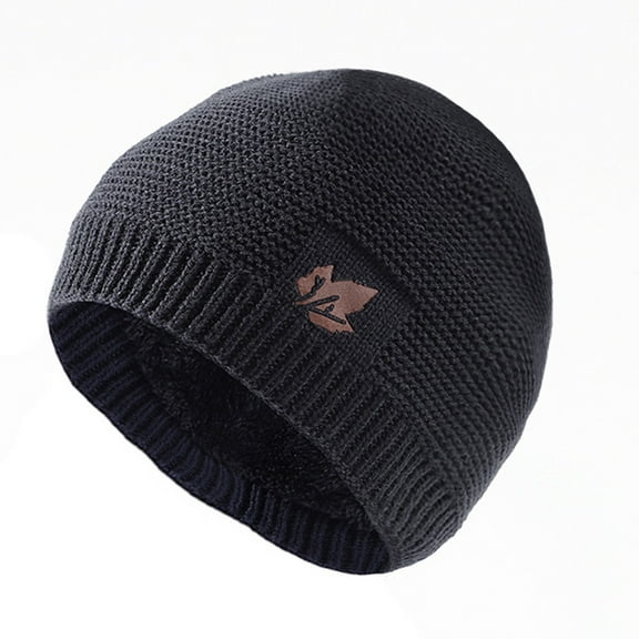Mosey Men Autumn Winter Solid Color Knitting Hat Leaf Logo Plush Lining Thickened Beanie Hat Ribbed Trim Warm Hat Fashion Accessories