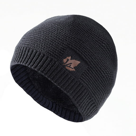 Mosey Men Autumn Winter Solid Color Knitting Hat Leaf Logo Plush Lining Thickened Beanie Hat Ribbed Trim Warm Hat Fashion Accessories