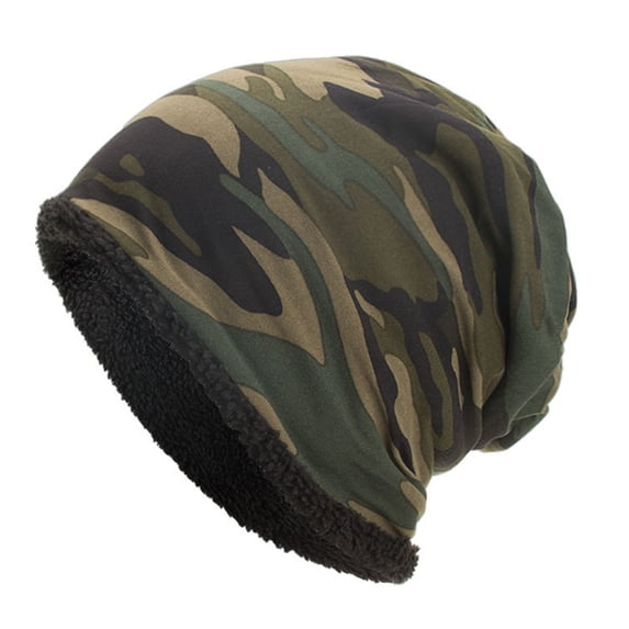 Mosey Men Winter Hat Camouflage Print Fleece Baggy Elastic Soft Cold-proof Lightweight Breathable Color Matching Men Beanie for Daily Wear