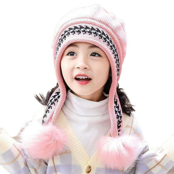 Mosey Winter Kids Beanie Hat Three Pompom Thicken Warm Ear Protection Children's Knitted Hat for 2-7T Boys Girls Baby Accessories
