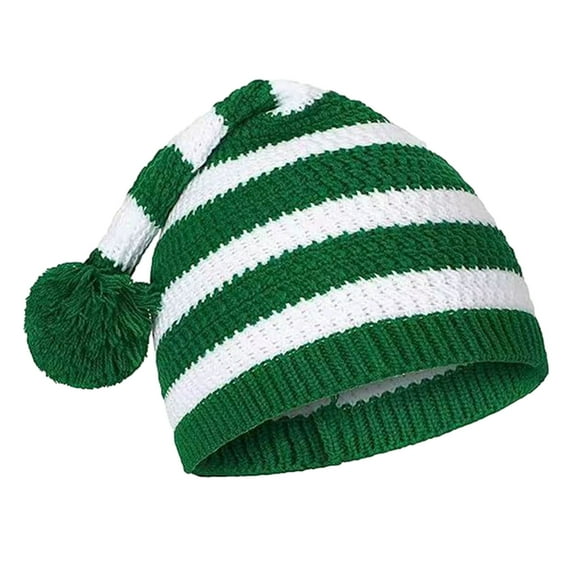 Mosey Winter Santa Hat Knitted Striped Print Color Matching Plush Ball High Elasticity Anti-slip Unisex Ear Protection Cold Resistant Christmas Cap Beanie