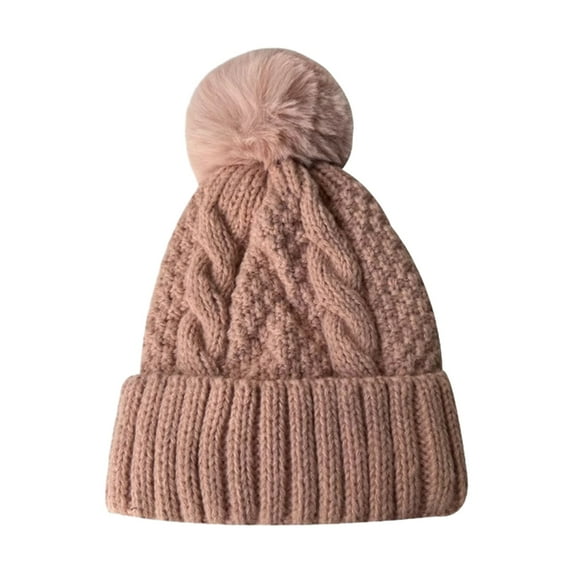 Mosey Women Fall Winter Hat Thickened Knitted Soft Elastic Warm Anti-slip Ear Protection Plush Ball Decor Twisted Pattern Outdoor Beanie Cap