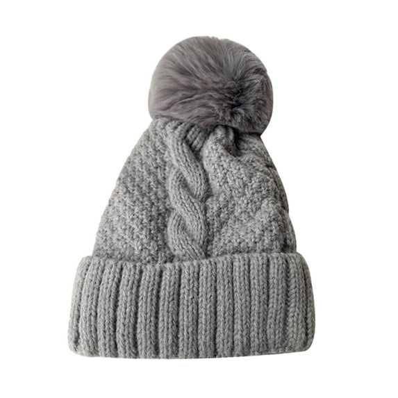 Mosey Women Fall Winter Hat Thickened Knitted Soft Elastic Warm Anti-slip Ear Protection Plush Ball Decor Twisted Pattern Outdoor Beanie Cap