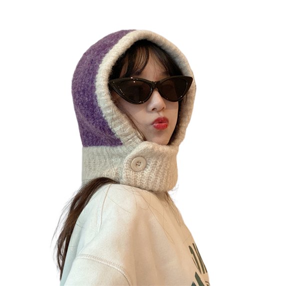 Mosey Women Hat Scarf Color Block Stretch Ears Protection One-piece Autumn Winter Windproof Beanies Hat Balaclava for Camping