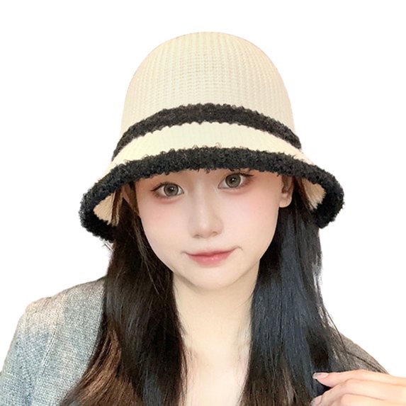 Mosey Women Hat Windproof Foldable Autumn Winter Warm Bucket Hat Color Splicing Knitted Fisherman Hat for Outdoor