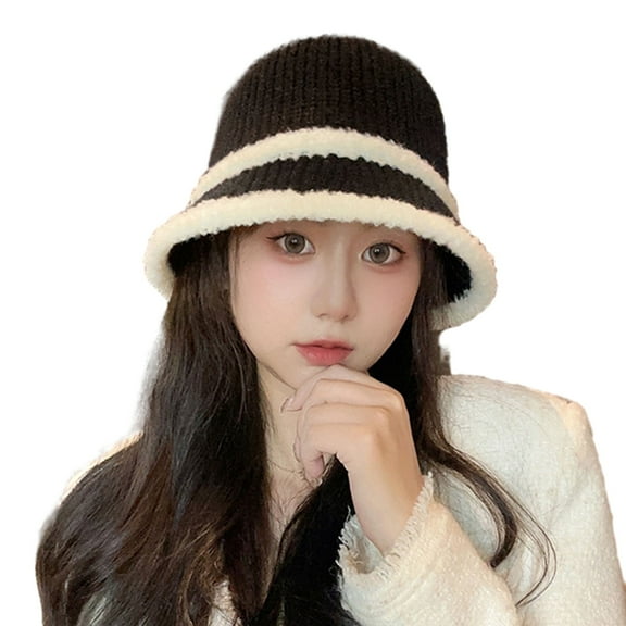 Mosey Women Hat Windproof Foldable Autumn Winter Warm Bucket Hat Color Splicing Knitted Fisherman Hat for Outdoor