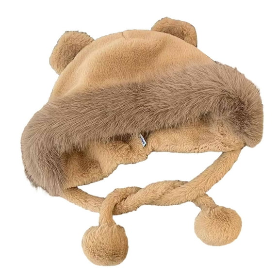 Mosey Women Plush Hat with Cute Bear Ears Soft Fuzzy Warm Thick Lace-up Windproof Strap Autumn Winter Outdoor Cycling Girls Ear Protection Cap Gift Choice