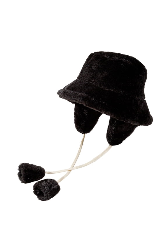 Women Winter Hat Falt Top Wide Brim Ear Thick Plush Pure Color Strap Decor Detachable Earflap Windproof Soft Outdoor Bucket Cap