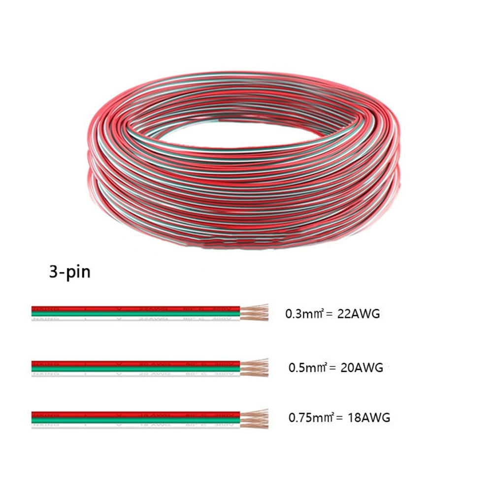 Mosiee 10meter Extension Cable 3 Pin Wire Cord, Hookup Electrical 3 Color Wire Stranded