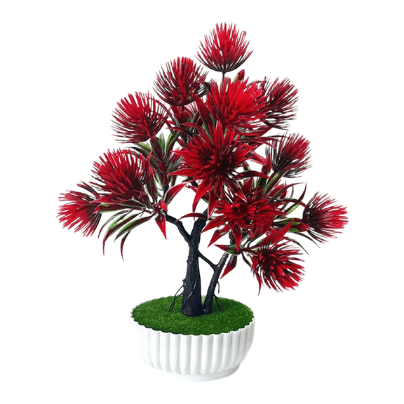 Mosiee 11inch Realistic Pine Needle Grass Pot Artificial Plant for Home Office Desk Red