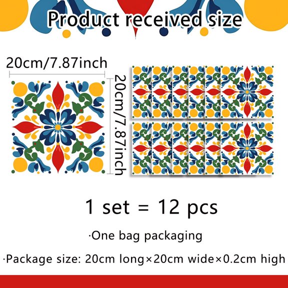 Mosiee 12Pcs Colorful Pattern for Tile Stickers Removable Pvc Wall Decor C