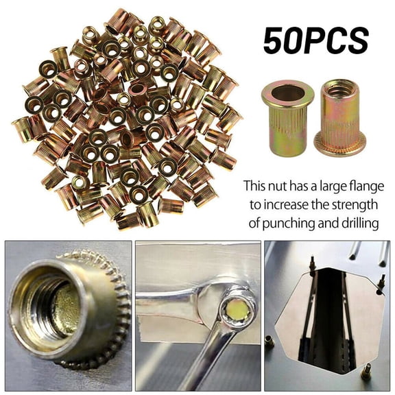 Mosiee 50Pcs/Lot Flat Head Rivet Nuts Stainless Steel Aluminum Carbon Steel Hollow Screws Insert Riv Nut M6 Zinc Plated Steel Nutsert