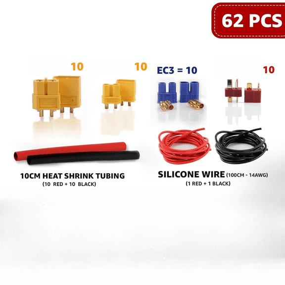 Mosiee 62Pcs Rc Connector Kit 14Awg Silicone Wire for Xt60 Ec3 T Plug- Male Female Battery Lead- Set for Fpv Drone- Car Tool Part