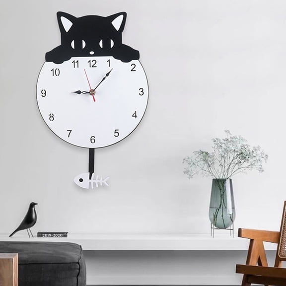 Mosiee Black Cat Wall Clock with Swing Tail Pendulum for Home And Office Decor