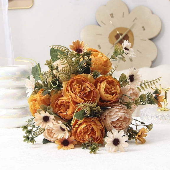 Mosiee Fake Flower Simulation Bouquet Peony Rose Fake Peony Modern Luxury Chic Home Decoration Dried Floral Arrangement Orange
