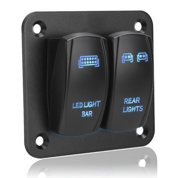 Mosiee Single Pole Single Throw (SPST) Switch 2 Gang Rocker Switch Panel 12V 24V Aluminum Pre Wired for Car RV Boat Yacht LED Blue