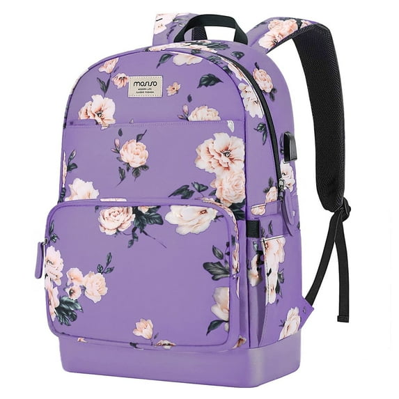 Mosiso 15.6 16 inch Laptop Backpack for Women Business College School Travel Casual Daypack Bag with Luggage Strap & USB Charging Port, Purple Camellia