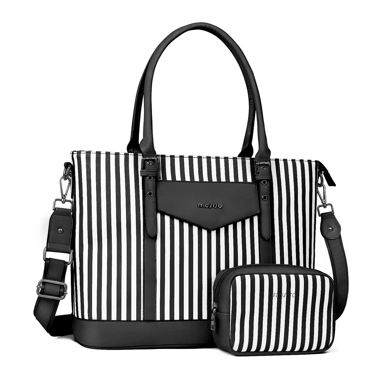 Mosiso 17" 17.3" PU Leather Laptop Tote Bag for Women, Waterproof Vertical Stripe Notebook Bag