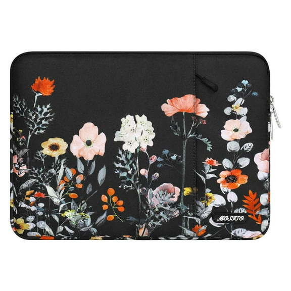 Mosiso Laptop Sleeve Case 13-13.3 inch Garden Flowers Polyester Vertical Notebook Bag with Pocket,Compatible with MacBook Pro 14 inch 2023-2021 A2779 M2 A2442 M1,Black