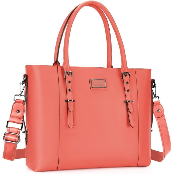 Mosiso Laptop Tote Bag (Up to 15.6 Inch) Water Resistant PU Leather Large Capacity Business Work Office Shoulder Briefcase Handbag Compatible MacBook & Notebook, Living Coral