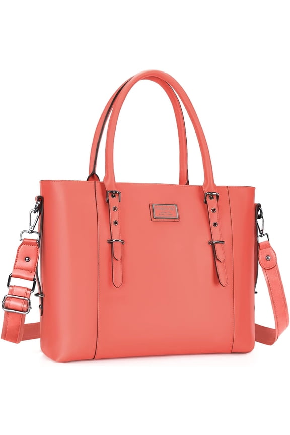 Laptop Tote Bag (Up to 15.6 Inch) Water Resistant PU Leather Large Capacity Business Work Office Shoulder Briefcase Handbag Compatible MacBook & Notebook, Living Coral