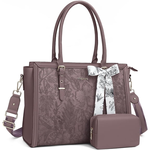 Mosiso Laptop Tote Bag for Women, 15.6-16 inch Waterproof PU Leather Travel Work Office Shoulder Messenger Handbag for MacBook Air Pro HP Dell Asus Acer Computer Satchel Bags, Slate Purple