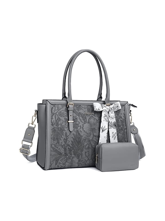 Laptop Tote Bag for Women, 15.6-16 inch Waterproof PU Leather Travel Work Office Shoulder Messenger Handbag for MacBook Air Pro HP Dell Asus Acer Computer Satchel Bags, Gray