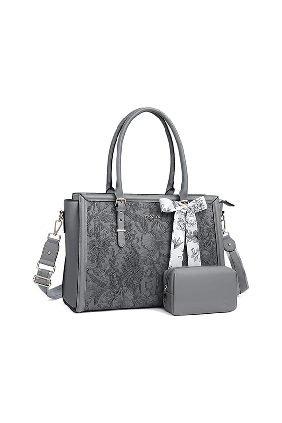 Laptop Tote Bag for Women, 15.6-16 inch Waterproof PU Leather Travel Work Office Shoulder Messenger Handbag for MacBook Air Pro HP Dell Asus Acer Computer Satchel Bags, Gray
