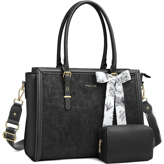 Mosiso Laptop Tote Bag for Women, 15.6-16 inch Waterproof PU Leather Travel Work Office Shoulder Messenger Handbag for MacBook Air Pro HP Dell Asus Acer Computer Satchel Bags, Black