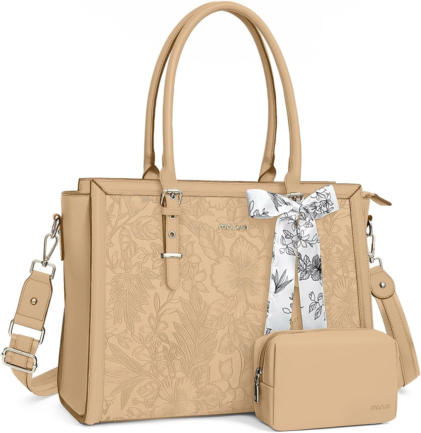 Mosiso Laptop Tote Bag for Women, 15.6-16 inch Waterproof PU Leather Travel Work Office Shoulder Messenger Handbag for MacBook Air Pro HP Dell Asus Acer Computer Satchel Bags, Apricot