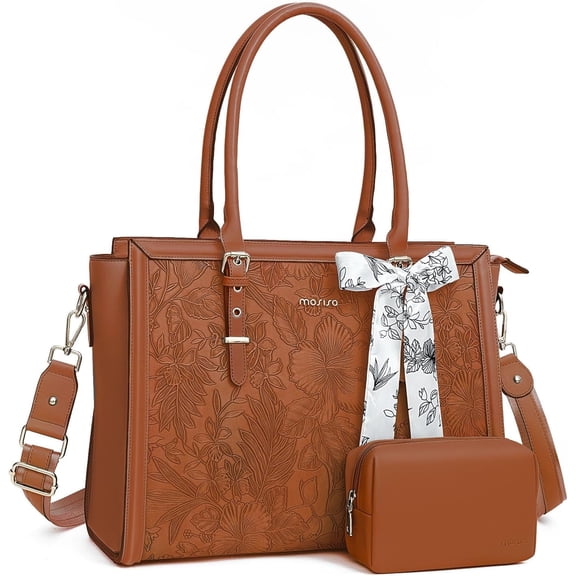 Mosiso Laptop Tote Bag for Women, 15.6-16 inch Waterproof PU Leather Travel Work Office Shoulder Messenger Handbag for MacBook Air Pro HP Dell Asus Acer Computer Satchel Bags, Brown