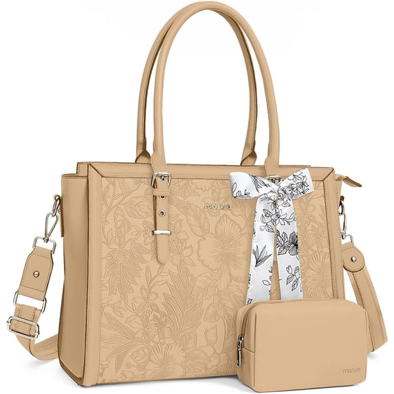 Mosiso Laptop Tote Bag for Women, 17-17.3 inch Waterproof PU Leather Travel Work Office Shoulder Messenger Handbag for MacBook Air Pro HP Dell Asus Acer Computer Satchel Bags, Apricot
