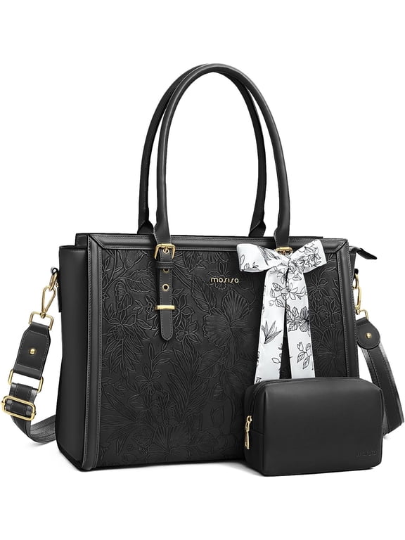 Laptop Tote Bag for Women, 17-17.3 inch Waterproof PU Leather Travel Work Office Shoulder Messenger Handbag for MacBook Air Pro HP Dell Asus Acer Computer Satchel Bags, Black