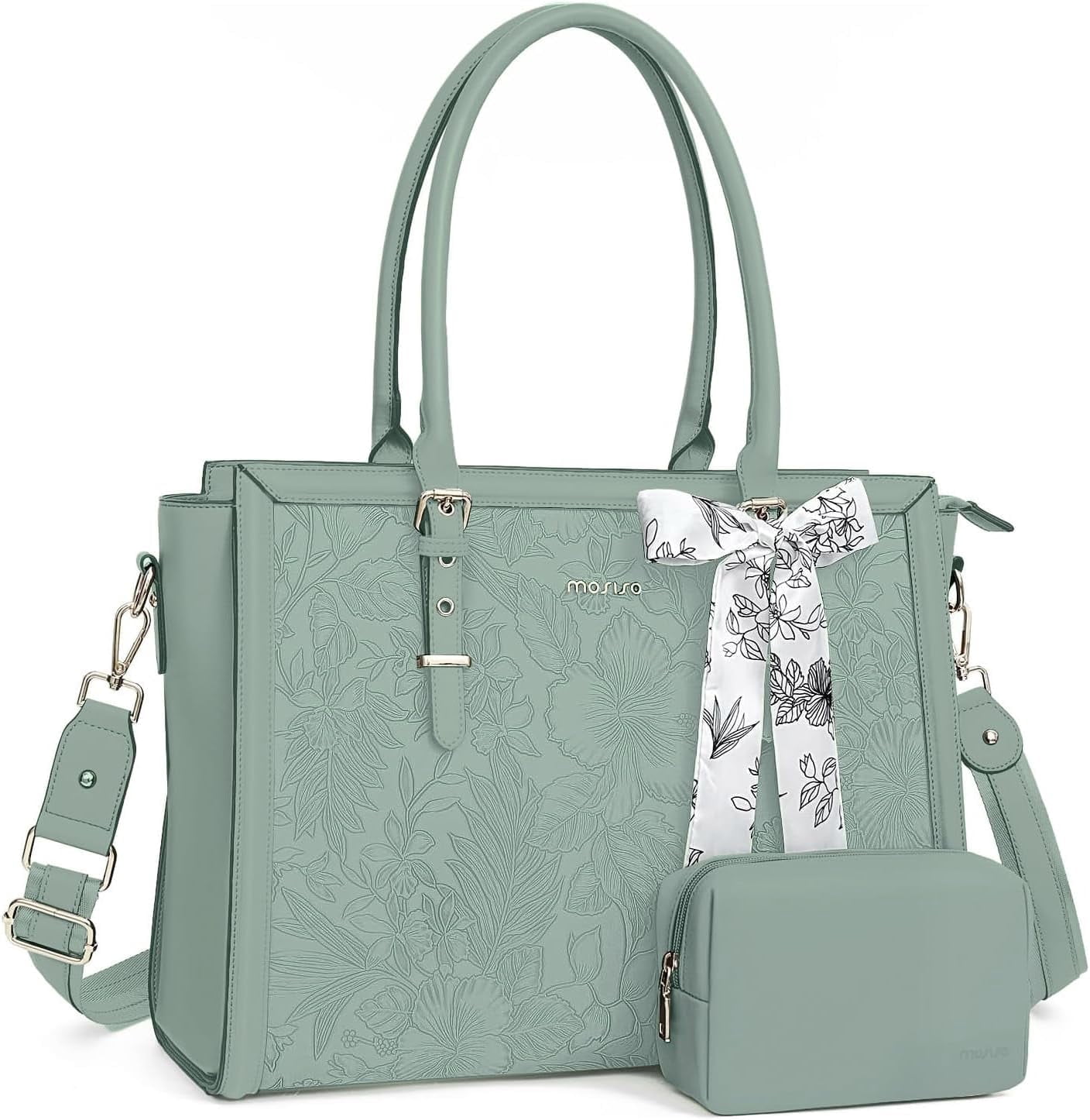 Mosiso Laptop Tote Bag for Women, 17-17.3 inch Waterproof PU Leather Travel Work Office Shoulder Messenger Handbag for MacBook Air Pro HP Dell Asus Acer Computer Satchel Bags, Antique Green